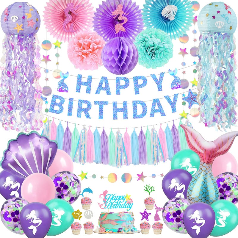 Bolake Mermaid Birthday Decorations Mermaid Theme Party Decorations Supplies Mermaid Cake Decorations Include Mermaid Banner Balloons Paper Fans Curtains Sash Headband for Mermaid Party Decor - Image 1